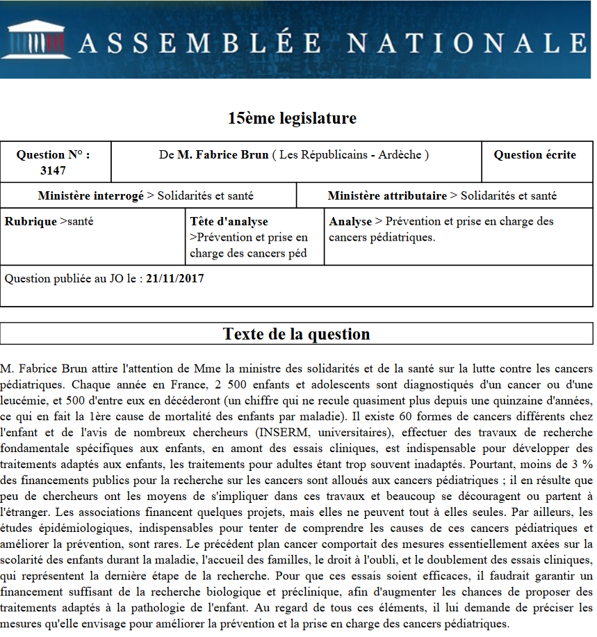 Fabrice Brun pour l’amélioration de la prévention et de la prise en charge des cancers pédiatriques