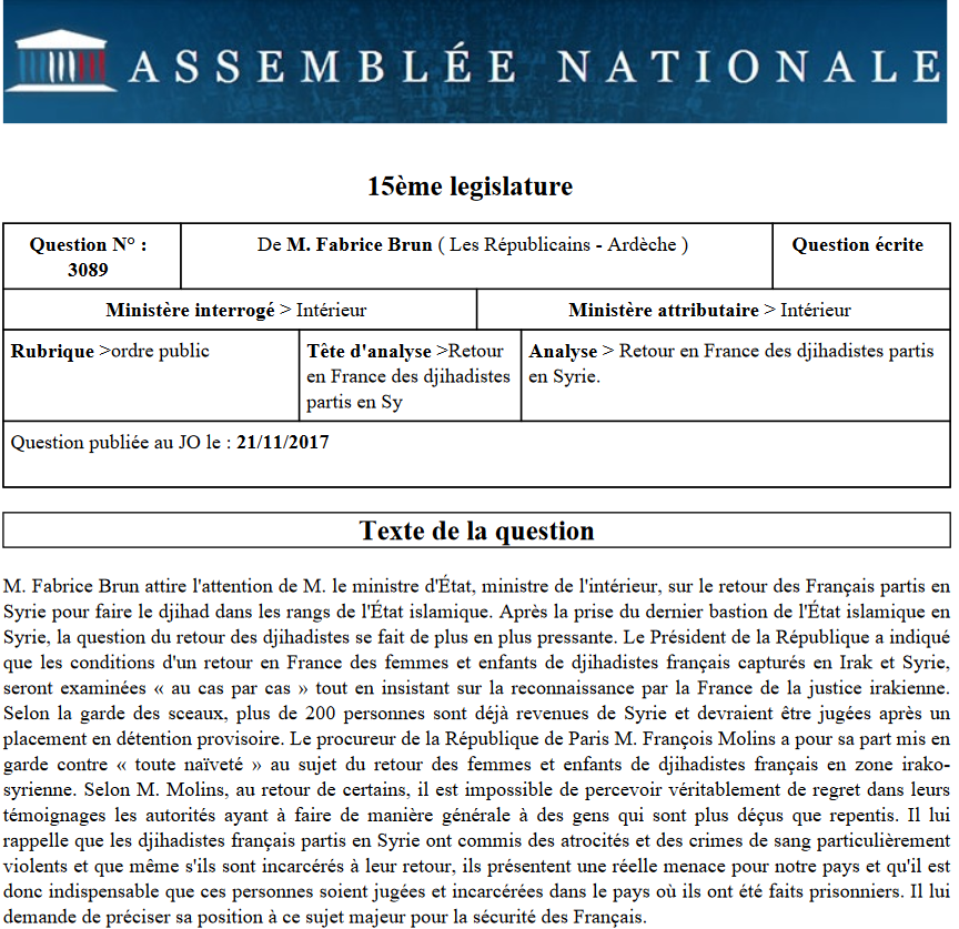 Retour des djihadistes en France, Fabrice Brun interpelle le Ministre de l’Intérieur