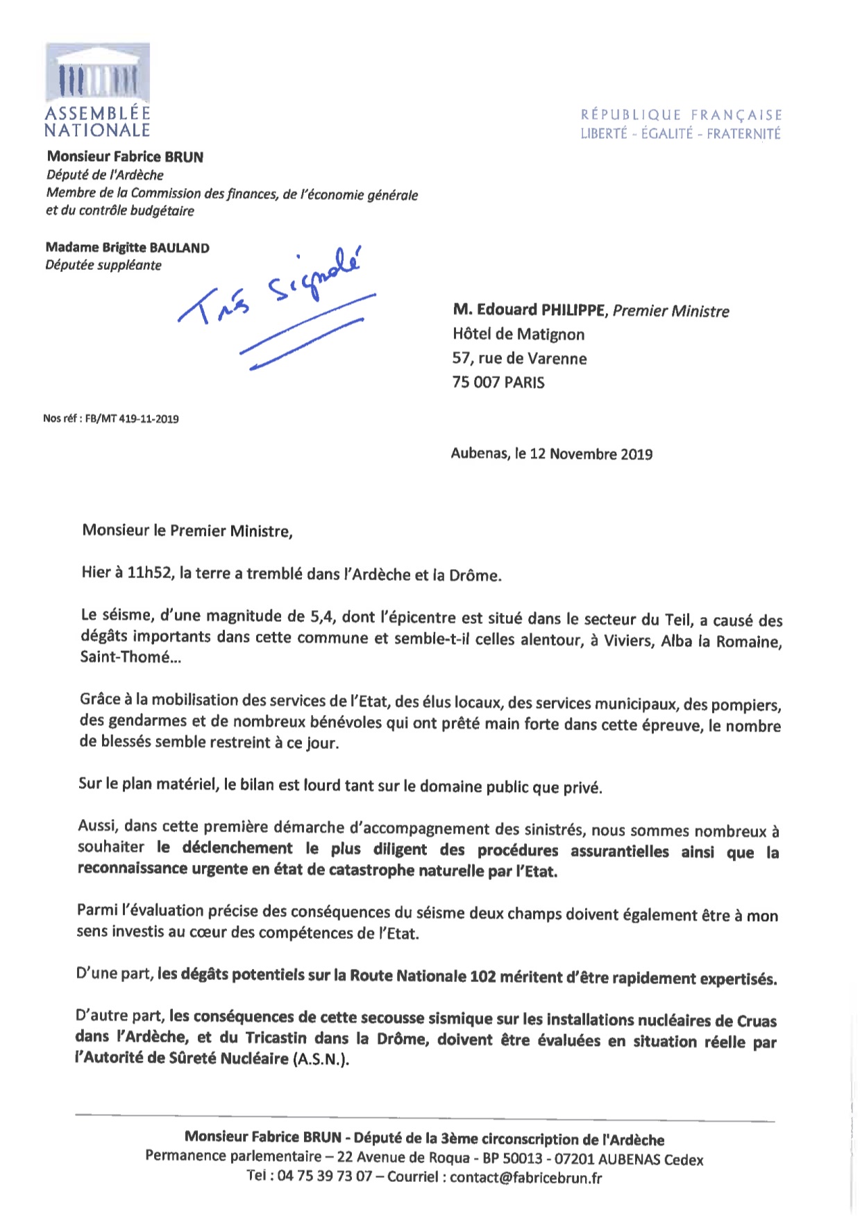 J’interpelle le Premier Ministre après le séisme qui a frappé l’Ardèche et la Drôme.