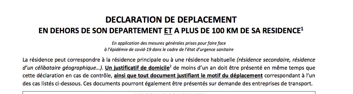 Attestation pour les déplacements de plus de 100 km.