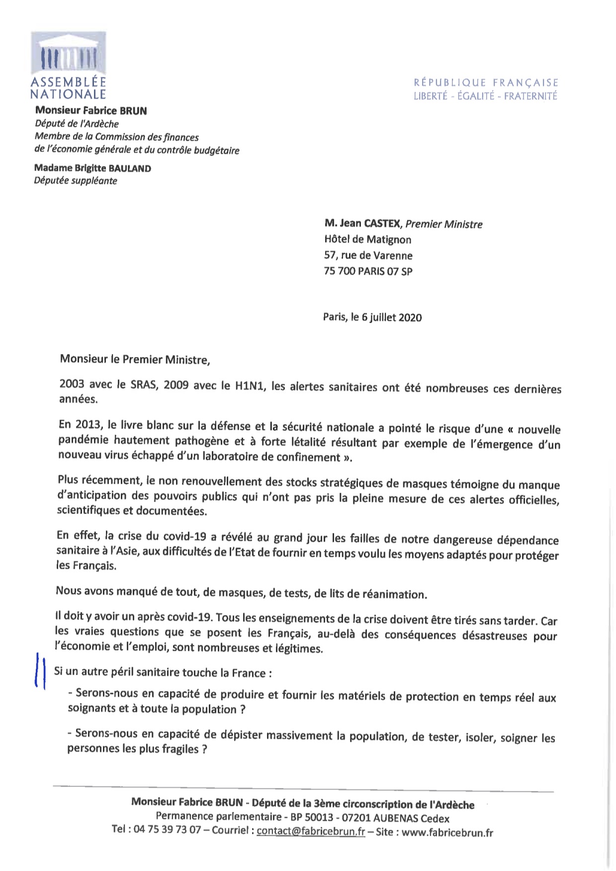 Ma première intervention au nouveau Premier Ministre : Serons nous prêts si un nouveau péril sanitaire menace la France ?