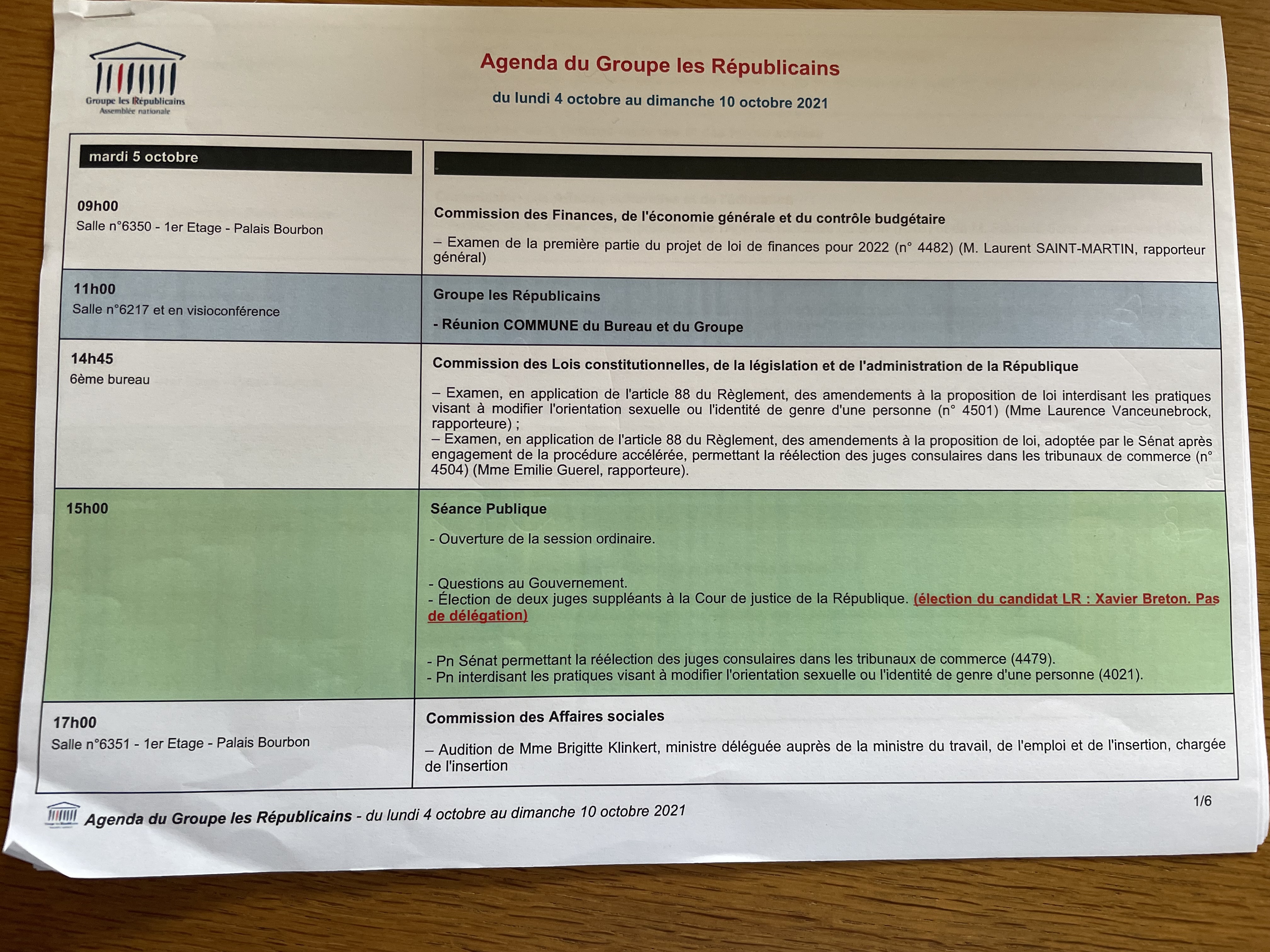 Agenda de l’Assemblée nationale.