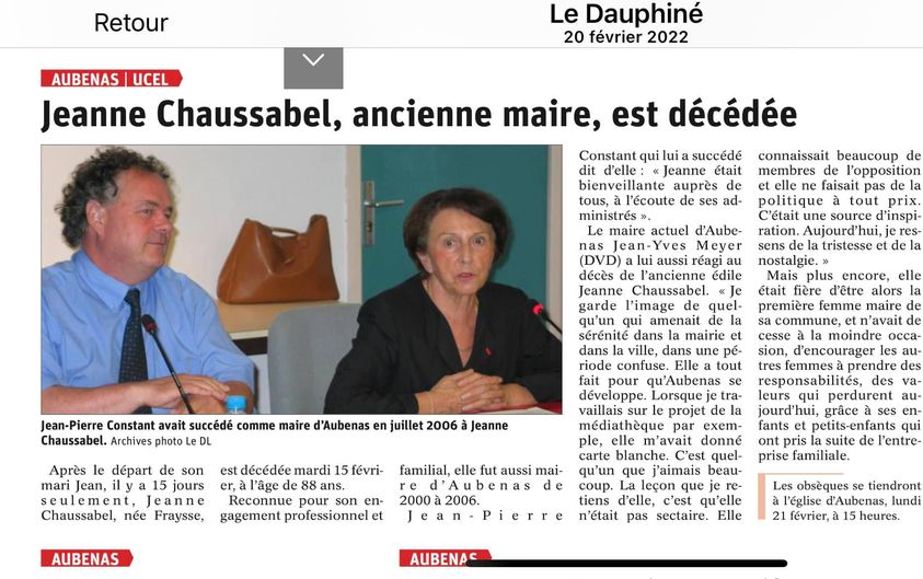 Disparition de Jeanne Chaussabel, ancienne maire d’Aubenas.