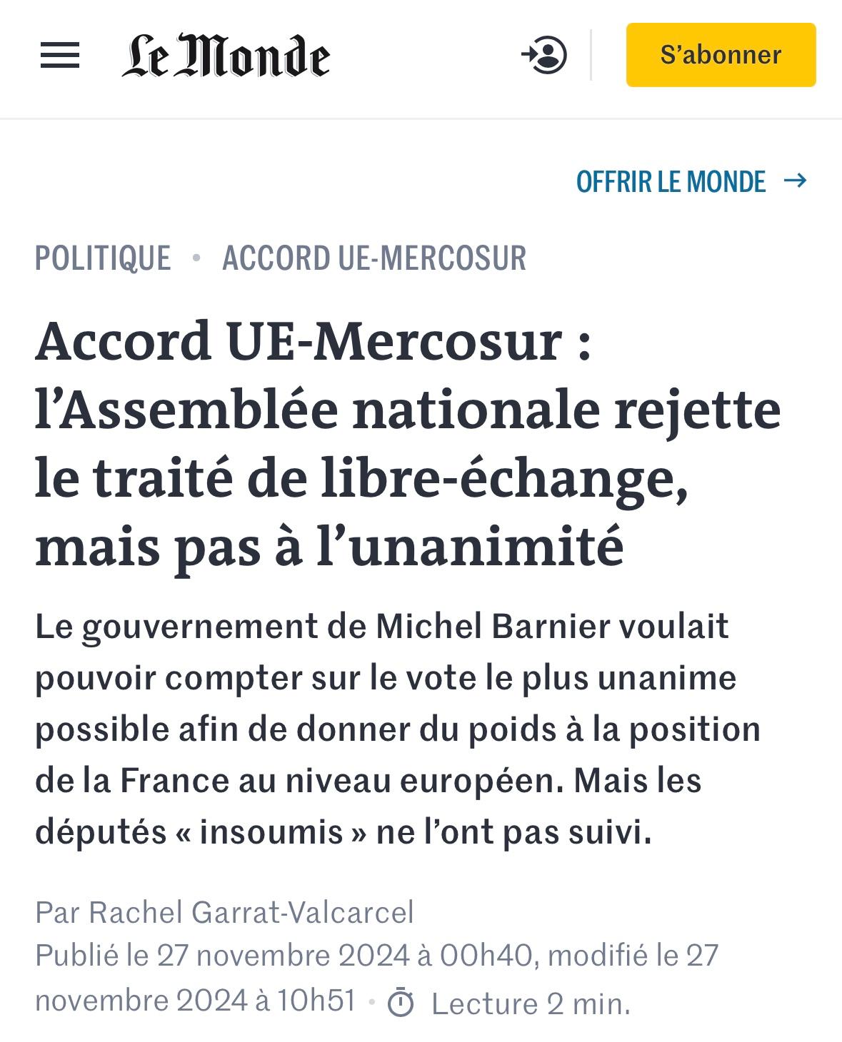 L’accord UE – MERCOSUR : Un coup de poignard dans le dos de nos agriculteurs !