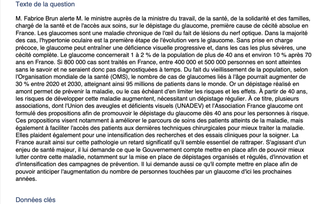 Question écrite n° 5373 : Prise en charge de l’épidémie de glaucome