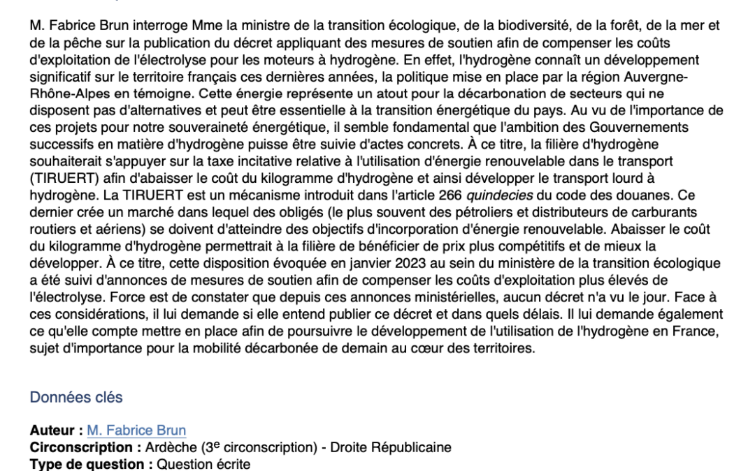Question écrite n° 3666 : Mesures de soutien afin de compenser les coûts d’exploitation de l’électrolyse