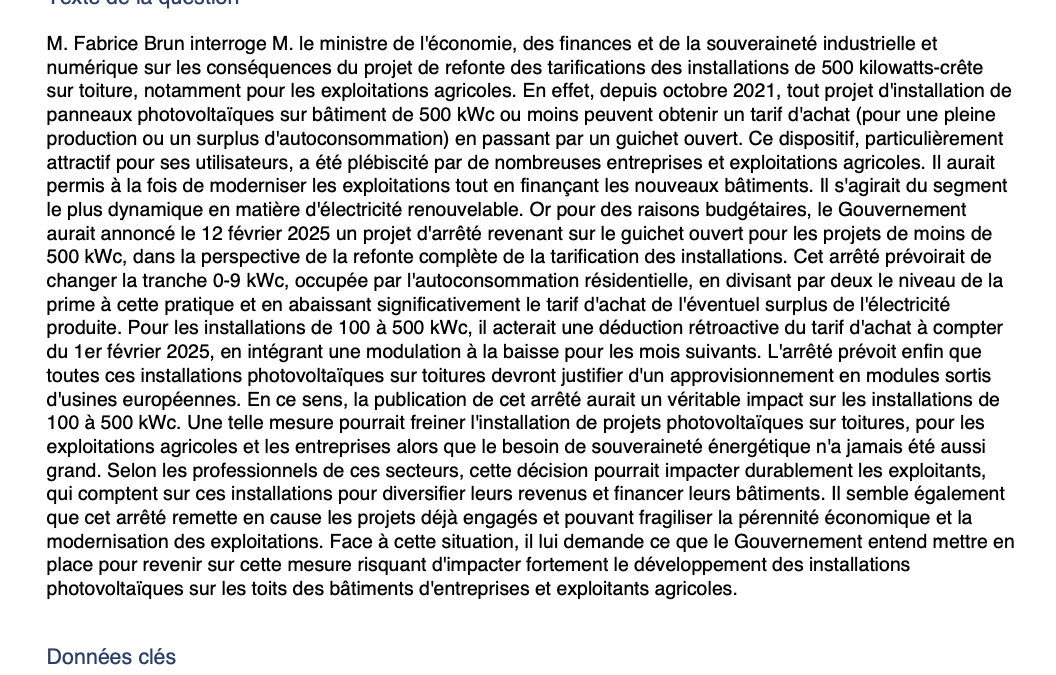 Question écrite n° 5058 : Refonte des tarifications des installations de 500 kilowatts-crête sur toiture.