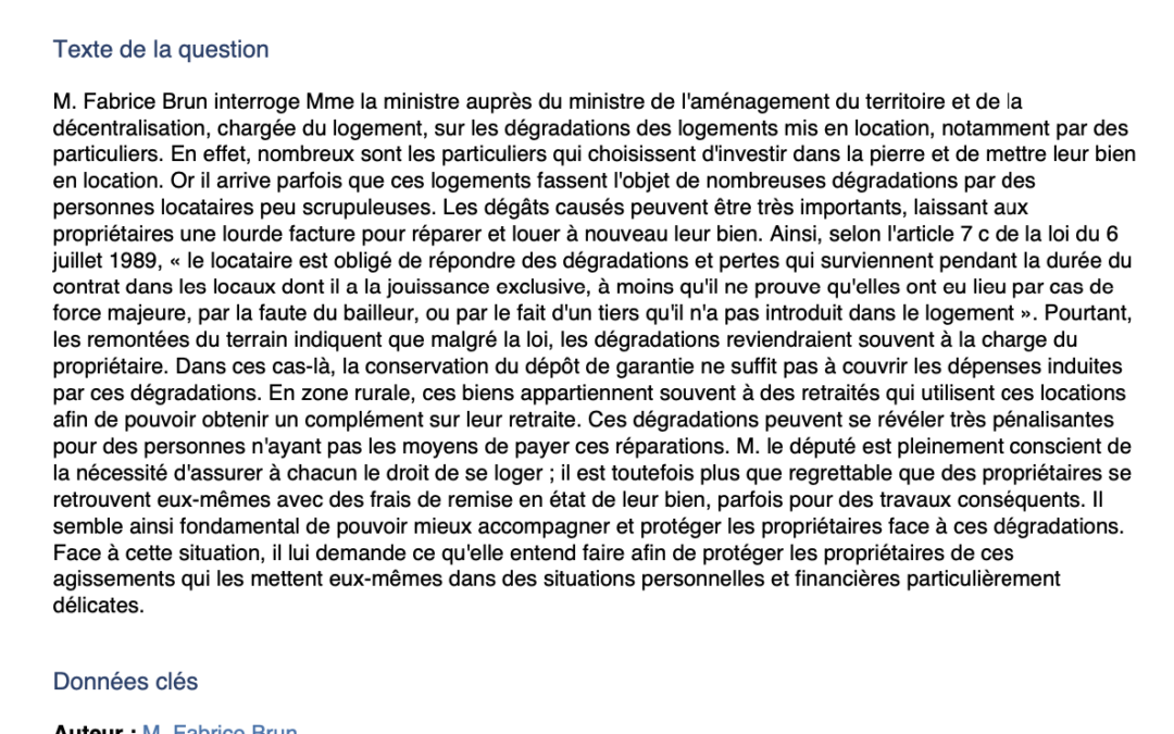 Question écrite n° 3710 : Dégradation de logements loués