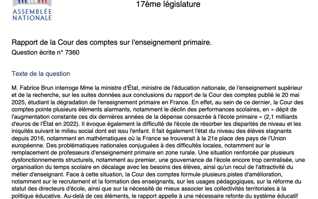 Rapport de la Cour des comptes sur l’enseignement primaire – Question écrite n° 7360