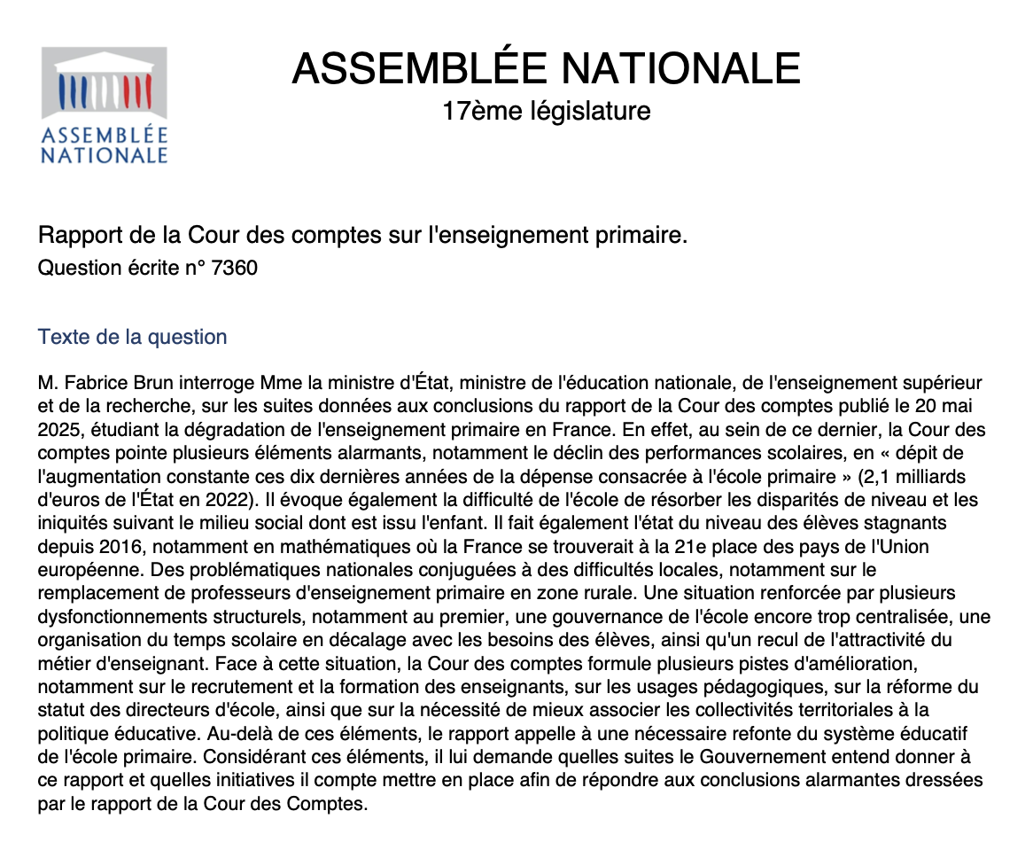 Rapport de la Cour des comptes sur l’enseignement primaire – Question écrite n° 7360