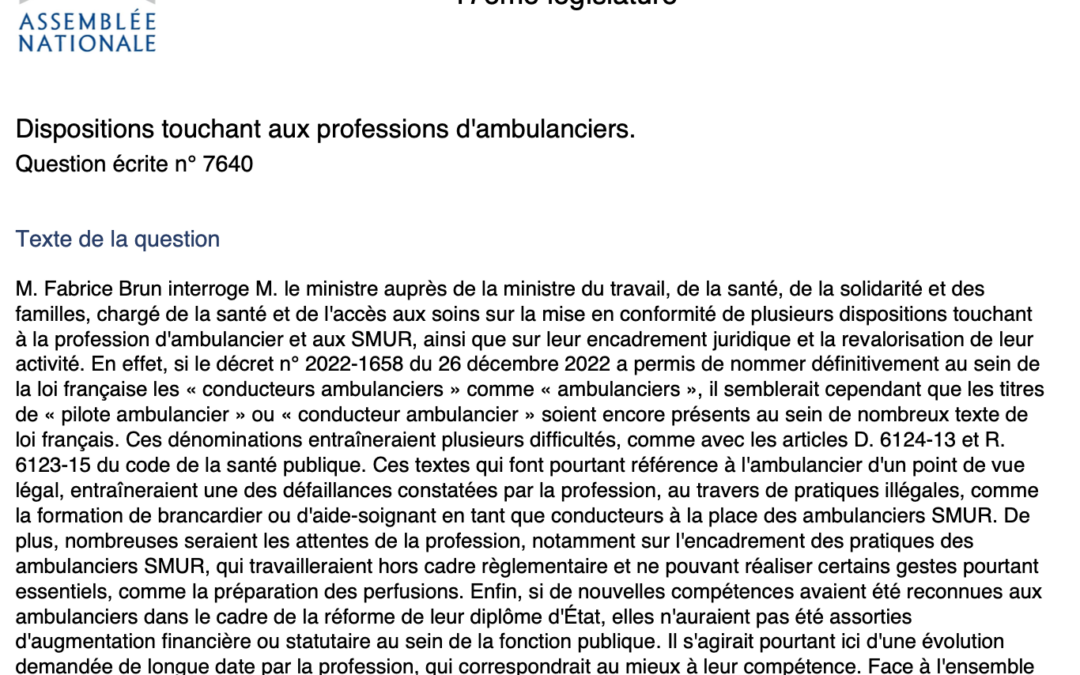 Dispositions touchant aux professions d’ambulanciers – Question écrite n° 7640