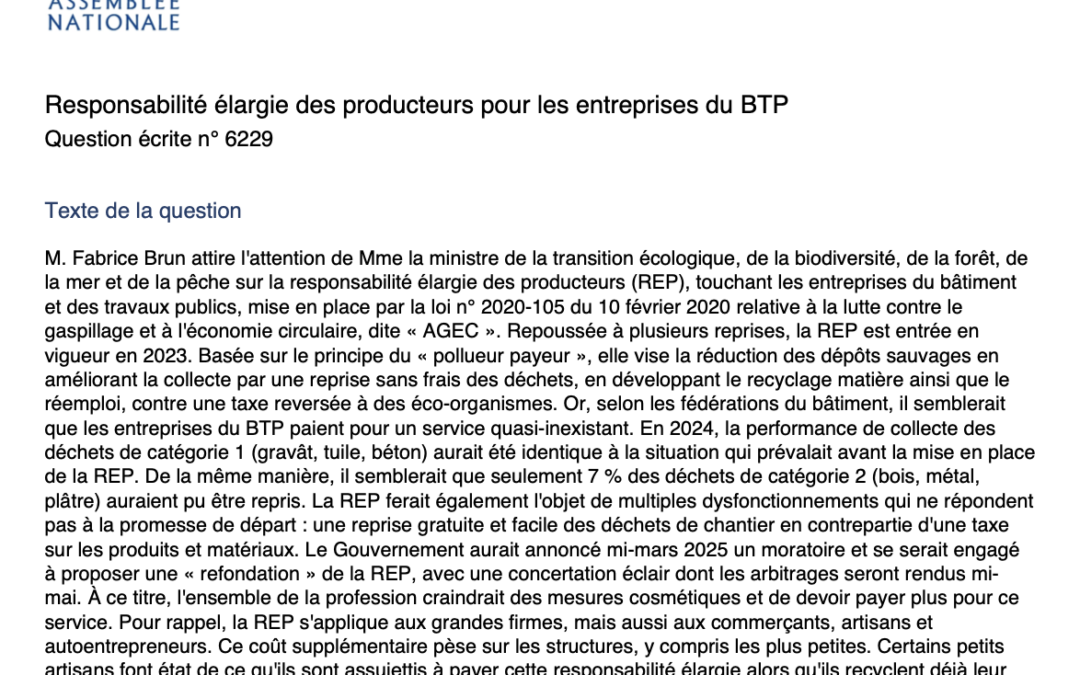 Responsabilité élargie des producteurs pour les entreprises du BTP – Question écrite n° 6229