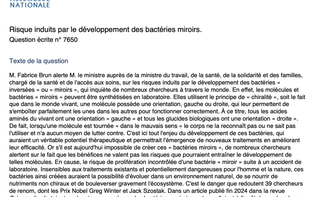 Risque induits par le développement des bactéries miroirs – Question écrite n° 7650