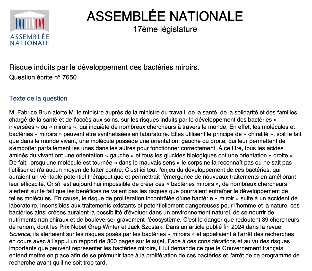 Risque induits par le développement des bactéries miroirs – Question écrite n° 7650