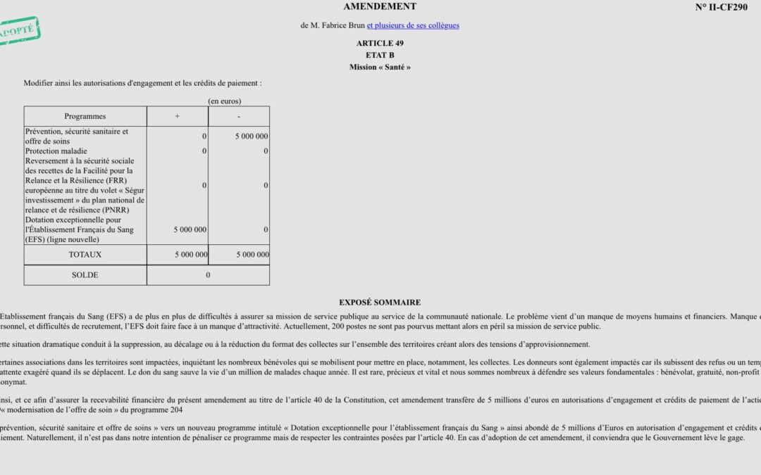 Budget 2026 : 5 millions de crédits pour l’Établissement français du Sang